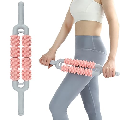 Muscle Roller Stick for Athletes, Leg Back Shoulder Double Row Massage Stick Deep Tissue Trigger Point & Myofascial Release Tool for Relief Muscle Soreness, Cramping & Tightness (Pink) - color: Pink
