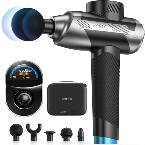 RENPHO Ascend Professional Massage Gun, Fathers Day Dad Gifts, FSA Eligible HSA, Adjustable 6-12mm Amplitude for Customized Intensity, Deep Tissue Percussion Massager with 5 Speeds, 5 Attachments - color: Haze Black