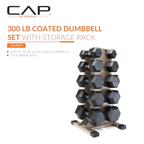 CAP Dumbbell Set with Rack, Rubber Coated Hex Free Weight Set | 100–300 lb Options, Vertical Space-Saving Storage for Home Gym Strength Training - size: 300 lb Set - Tan Rack, style: Chrome Handle