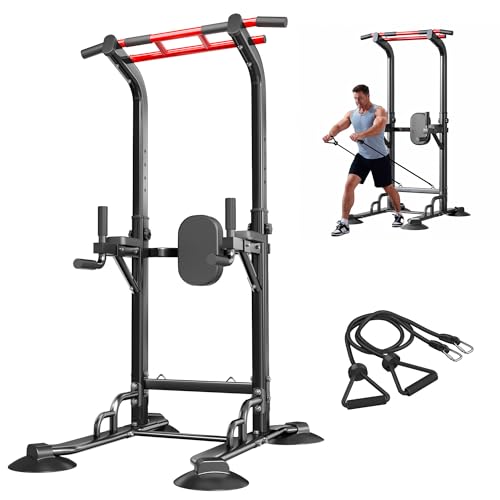soges Power Tower Pull Up Bar Station, Dip Station for Home Gym, Height Adjustable Heavy Duty Strength Home Training Fitness Workout Equipment - color: Black-Bands
