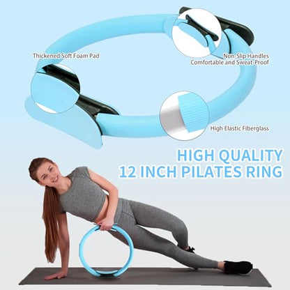 DICYWUDI Pilates Essentials Kit for Home Women, Pilates Equipment for Workouts, 6 Fabric Resistance Bands, 12 Inch Magic Circle Yoga Ring, Mini Exercise Ball, Great Exercise Equipment - color: 8pcs Blue set