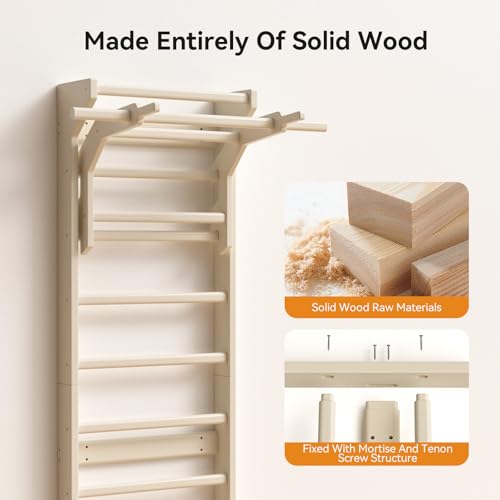 Swedish ladder wall gym adult & Pull Up Bar Gymnastics Bar – Ultimate Wall Bars for Exercise with Adjustable Dip Bar Attachment,Moves wall bars, Wood Stall Bars for Home, Calisthenics, Physical Therapy and Kids Training