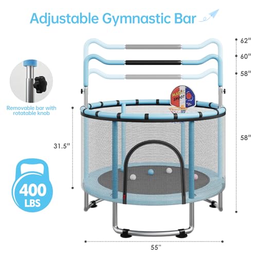 55/60" Trampoline for Kids, 4.5/5 FT Toddler Trampoline with Enclosur Net, Basketball Hoop & Sandbag, 440 LBS Capacity, Adjustable Height，Gifts for Ages 3-12 Boys & Girls