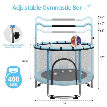 55/60" Trampoline for Kids, 4.5/5 FT Toddler Trampoline with Enclosur Net, Basketball Hoop & Sandbag, 440 LBS Capacity, Adjustable Height，Gifts for Ages 3-12 Boys & Girls