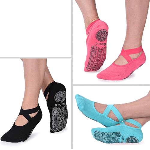 Ozaiic Pilates Socks for Women Non Slip Grip, Yoga Socks with Grippers for Barre, Hospital, Ballet, Dance, Barefoot Workout - color: 3 Pairs-black/ Watermelon Red/ Blue