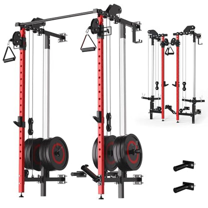GarveeHome Folding Squat Rack, Wall Mounted Power Rack with Dual Pulley System & Pull Up Bar, Fitness Equipment for Home Gym, Garage, Apartment