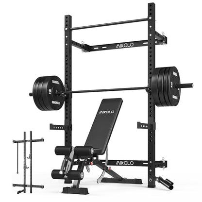 Mikolo 2" x 2" Folding Wall Mounted Squat Rack, 1000 Pounds Capacity Power Rack with Pull Up Bar, J Hooks and Other Attachments, Space-Saving Home Gym - color: Black, style: Home Gym Package (230 LBS)