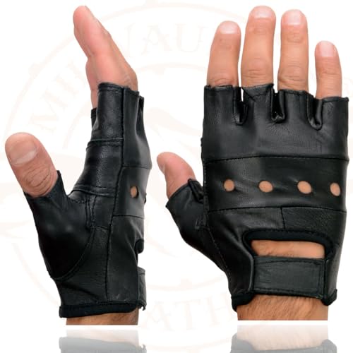 Milwaukee Leather SH216 Men's Black Leather Gel Padded Palm Fingerless Motorcycle Hand Gloves W/Breathable ‘Open Knuckle’