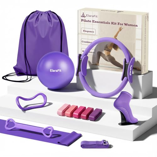 Home Pilates Ring and Ball Set for Women with 5 Resistance Bands 13 inch Magic Circle Workout Starter Kit for Beginners Full Body Toning 15 Min Daily Routine