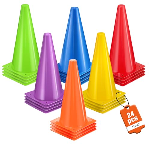 12 Inch Sports Cones Set of 24,Durable Training Cones for Soccer,Football, Basketball Drills - Multi-Purpose Agility Cones for Indoor & Outdoor Practice