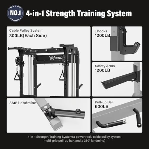 MAJOR FITNESS F22 Power Rack, 1600lbs All-in-One Squat Rack with Dual Pulley System, Heavy-Duty Steel Frame, Attachments & Storage for Home Gym Strength Training - color: Khaki, style: F22 (with Bench Elite BK)