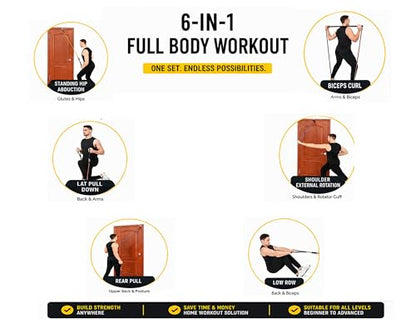 Resistance Bands Set with Steel Bar - 5 Tube Bands, Door Anchor, Handles, Ankle Straps & Carry Bag, Full Body Home Gym Kit
