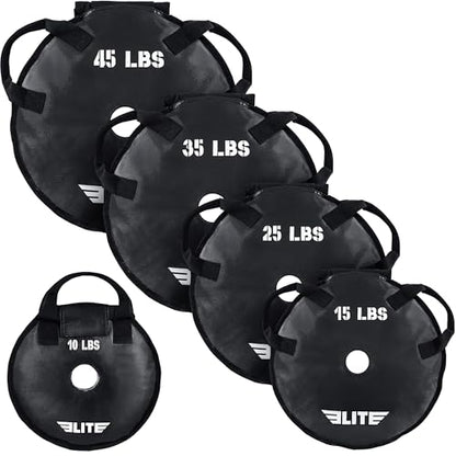 Elite Sports UNFILLED Workout Sand Plates (Set of 2) – EMPTY Fillable Olympic Weight Plates for Barbell Training – Drop-Proof Waterproof TPU – 10/15/25/35/45 LB Options – Strength, CrossFit, Home Gym & Functional Fitness
