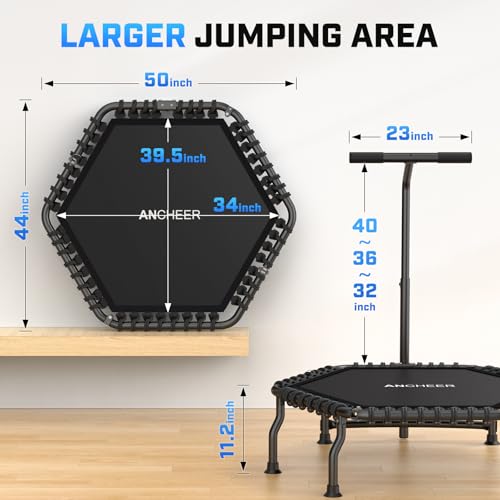 ANCHEER Trampoline, 50'' Rebounder Trampoline for Adult with Bar, Indoor Mini Trampoline, 550LBS Fitness Trampoline with Bungee, Jumping Cardio Equipment, Exercise Trampoline at Home Gym