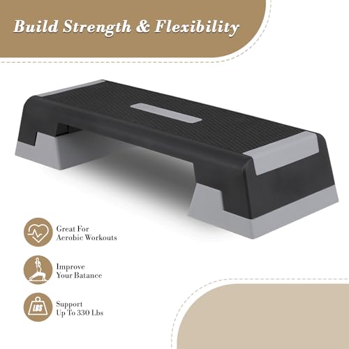 Athena Collection 39" Workout Aerobic Step Platform with 3 Adjustable Height, Portable Aerobic Stepper Exercise Step Deck Fitness Equipment for Home Gym Office, Gray