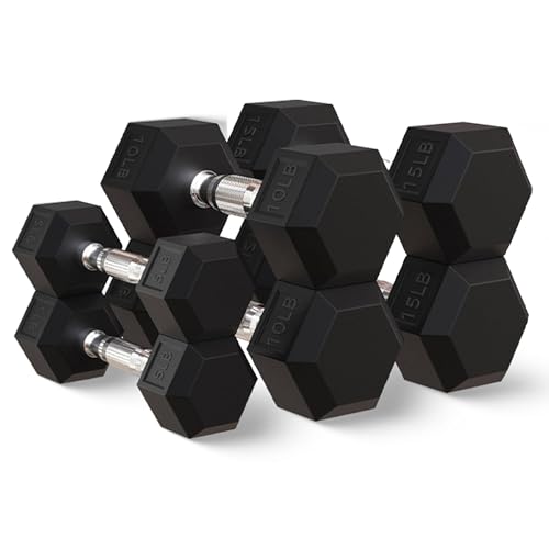 BalanceFrom Premium Rubber Encased Hex Dumbbell Sets, 46LBS Set, 60LBS Set, 100LBS Set - style: 3-Pair Set with A-Rack: 46 lbs