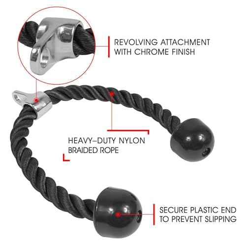 Yes4All Deluxe Tricep Rope Cable Attachment, 27 & 36 inch with 4 Colors, Exercise Machine Attachments Pulley System Gym Pull Down Rope with Carabiner - color: A. 27" Black
