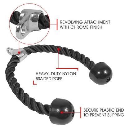 Yes4All Deluxe Tricep Rope Cable Attachment, 27 & 36 inch with 4 Colors, Exercise Machine Attachments Pulley System Gym Pull Down Rope with Carabiner - color: A. 27" Black