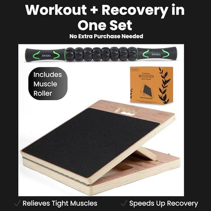 14″ Wide Premium Portable Wooden Slant Board, Thicker Bottom – Professional Adjustable Calf Stretching, Beginner & Rehab Friendly, Exercise Guide and Bonus Muscle Roller, Squats, Physical Therapy