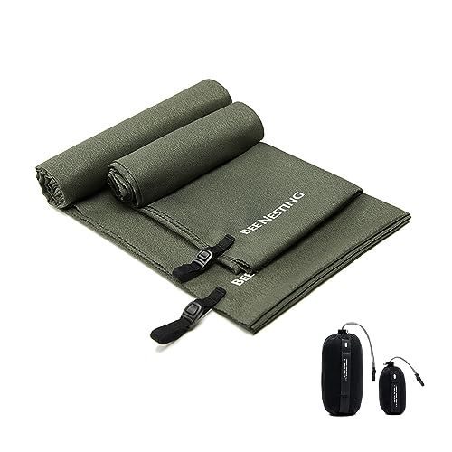 M&S Ultralight Quick Dry Towel - Microfiber Travel & Beach Towel, Compact Packable with Pocket, Ideal for Camping, Gym & Swimming (Olive drab, 2 Set) - color: Olive Drab, size: M&S