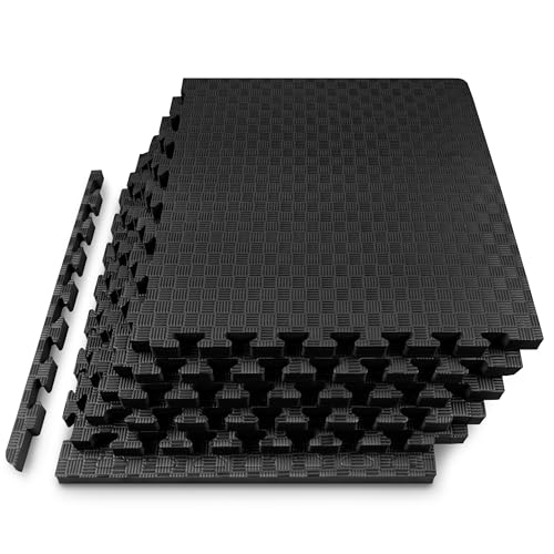 ProsourceFit Exercise Puzzle Mat 1-inch, Checkered EVA Foam Floor Tiles w/Non-Slip Texture, Interlocking Design for Adjustable Gym Surfaces, Shock Absorbing, Black, 24 SQ FT - 6 Tiles - color: Black, size: 6 Tiles