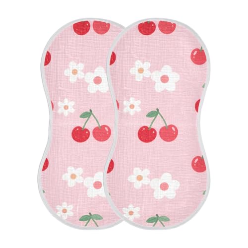 Pink Cherries Muslin Burp Cloths 2 Pack - Extra Large 22"x11", 4-Layer Soft Absorbent Cotton, Waterproof Backing, Baby Drool Rags for Newborn