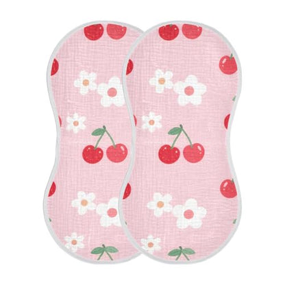 Pink Cherries Muslin Burp Cloths 2 Pack - Extra Large 22"x11", 4-Layer Soft Absorbent Cotton, Waterproof Backing, Baby Drool Rags for Newborn