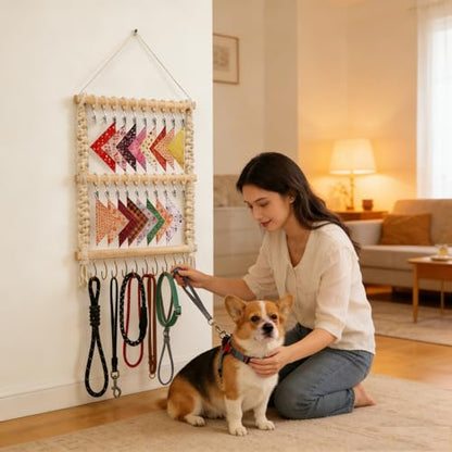 Dog Bandana Holder- Wall Hanging Dog Leash Holder Macrame Pet Accessory Organizer & Decor Hanging Headband Holder,Dog Collar Display (White)