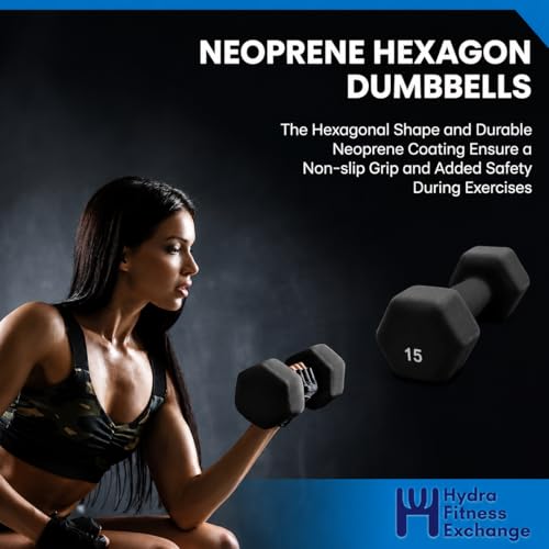 Neoprene Hexagon Dumbbells with Cast Ergo Handle (1 to 15lbs Pack of 1, 2, 4) | Durable Anti-Slip Exercise & Fitness Strength Training Free Weights for Home Gym | Black | For Men & Women
