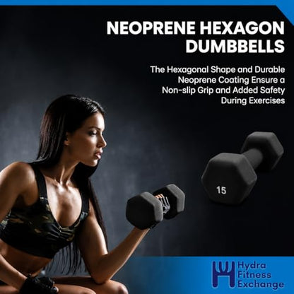 Neoprene Hexagon Dumbbells with Cast Ergo Handle (1 to 15lbs Pack of 1, 2, 4) | Durable Anti-Slip Exercise & Fitness Strength Training Free Weights for Home Gym | Black | For Men & Women