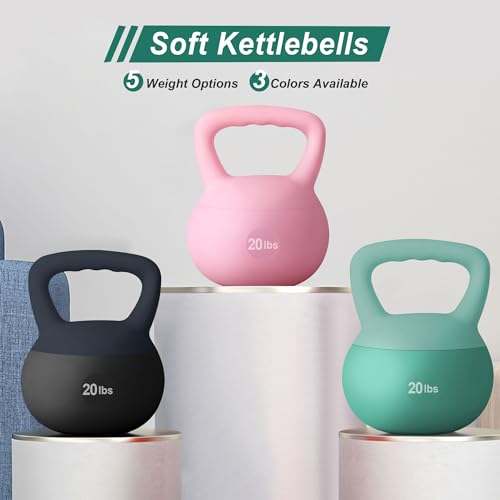 soges PVC One-Piece Kettlebell with Wide Handles, Strength Training Kettlebells 5lb to 35lb Optional for Women of Different Levels, Iron Sand Filled Soft Kettlebell - color: 20lbs - Blue