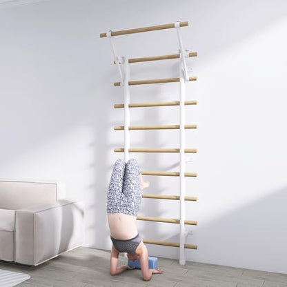 DHT Wood Stall Bar, Swedish Ladder Suspension Trainer with 9 Strategic Rods, for Home, Gym, School and Clinics, White