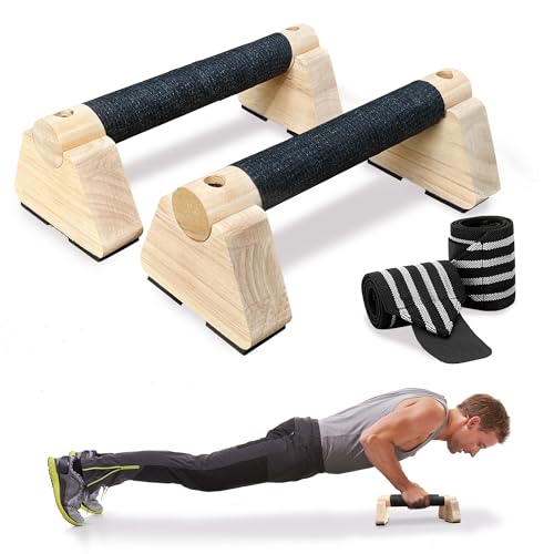 Parallettes Bars, Wooden Push Up Bars with Wrist Wraps for Men & Women, Handstand Training Bars for Home Gym, Non-Slip Calisthenics Equipment, 440lbs Durable Floor Push Up Handles