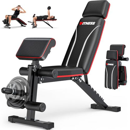 Foldable Workout Bench, Adjustable Weight Bench for Home Gym, Multi Functional Gym Bench w/Leg Extension &Preacher Pad, Extra Headrest, Fast Folding Strength Training Incline Sit up Bench 800LB