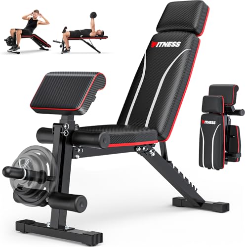 Foldable Workout Bench, Adjustable Weight Bench for Home Gym, Multi Functional Gym Bench w/Leg Extension &Preacher Pad, Extra Headrest, Fast Folding Strength Training Incline Sit up Bench 800LB