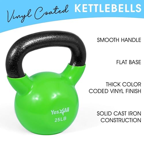 Yes4All Kettlebell, Vinyl Coated Kettlebell Cast Iron Sets with Stable Flat Bottom for Full Body Workout, Push up, Grip Strength Training & Weights Exercises - color: Multicolor, style: 10 - 25lb