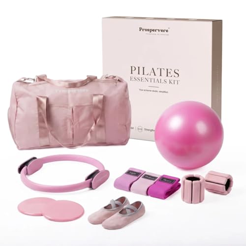 Premium 12pc Pilates Kit – 15 inch Pilates Ring and Ball Set w/ 1lbs Ankle Weights, Fabric Resistance Bands, Sliders, Yoga Socks & Gym Bag – Pilates Workout, Home Gym Equipment Accessories - color: Blush Energy (Pink)