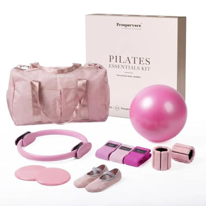 Premium 12pc Pilates Kit – 15 inch Pilates Ring and Ball Set w/ 1lbs Ankle Weights, Fabric Resistance Bands, Sliders, Yoga Socks & Gym Bag – Pilates Workout, Home Gym Equipment Accessories - color: Blush Energy (Pink)