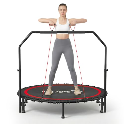 40''/45''/50'' Rebounder Trampoline for Adults, 450-550 lbs Foldable Mini Trampoline with Handle – Indoor Outdoor Fitness Trampoline with Resistance Bands for Cardio, Balance & Family Exercise - color: Black-Red, size: 40"