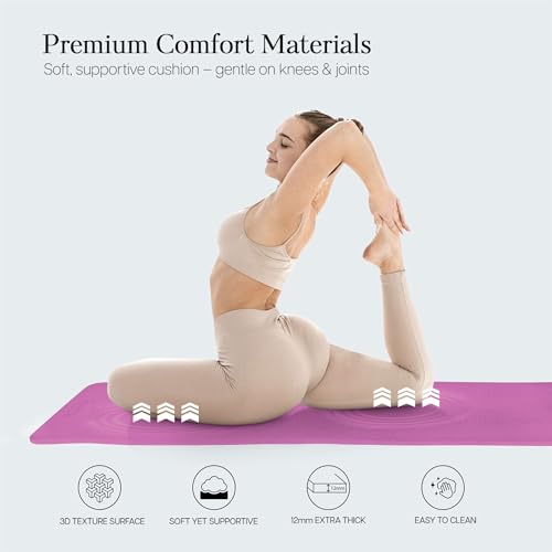 Extra Thick 12mm Exercise Mat – 74"L x 26"W Inch, Non-Slip, Joint-Friendly & Cushioned Fitness Mat for Yoga, Pilates & Floor Workouts – Durable, Supportive & Includes Feetlu Classic Strap