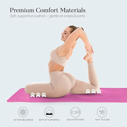 Extra Thick 12mm Exercise Mat – 74"L x 26"W Inch, Non-Slip, Joint-Friendly & Cushioned Fitness Mat for Yoga, Pilates & Floor Workouts – Durable, Supportive & Includes Feetlu Classic Strap