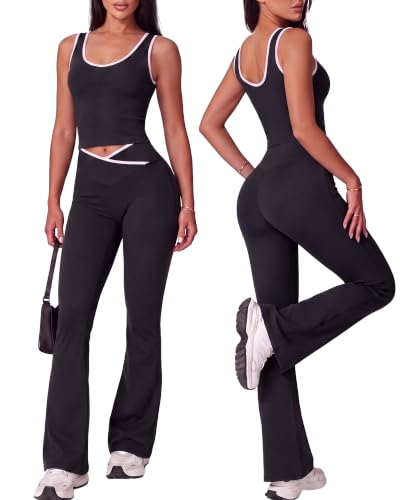 Coume Women 2 Piece Seamless Workout Sets Crossover Flare Leggings Crop Tank Top Matching Set Color Block Gym Yoga Outfits - color: Black, size: Small