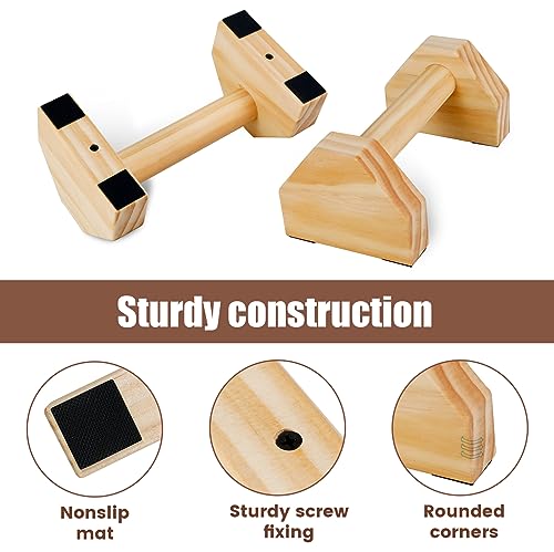 Wooden Push-up Bars, 1 Pair Non-slip Base Pushup Handles Stand, Home Workout Calisthenics Equipment, Push up Bracket Board with Ergonomical Handle, Wooden Parallettes Bars for Fitness Training