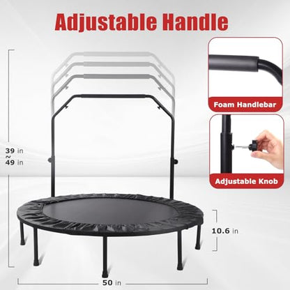 Rebounder Trampoline for Adults, 40"/50" Foldable Spring Fitness Trampoline - 450 lbs Capacity, Quiet & Stable Indoor/Outdoor Exercise Equipment for Cardio Workout - style: 50" WITH BAR