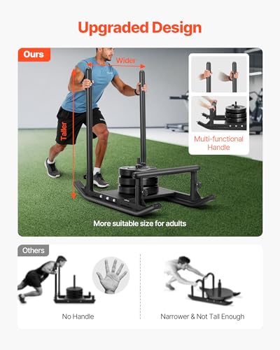 VEVOR Football Sleds and Chutes, Weight Sled, Football Training Pull Push Running Sled, Fitness Workout Sled Push Gym Equipment, Adjustable Height Handle, Compatible 1/2 in Weight Plates - style: Multi Handle-BK