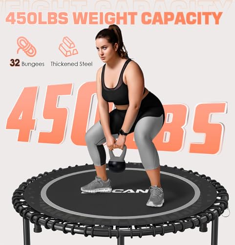 BCAN Adult Mini Trampoline, 40" Fitness Trampoline with Bungees, U Shape Adjustable Foam Handle, Stable & Quiet, Indoor Outdoor Workout-Silver