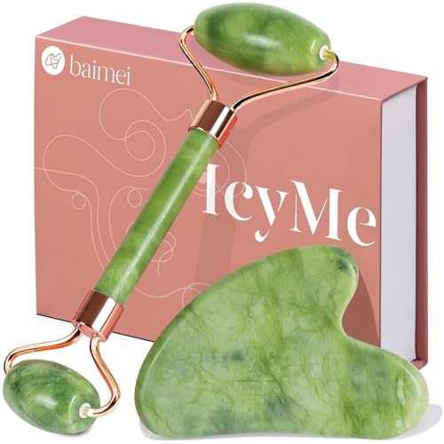BAIMEI IcyMe Gua Sha & Jade Roller Set, Cooling Face Roller & Guasha Tool for Face Depuffing, Facial Sculpting & Jawline Definition, Smooth Rolling Skincare Tools Gifts for Women & Men – Green - color: Green
