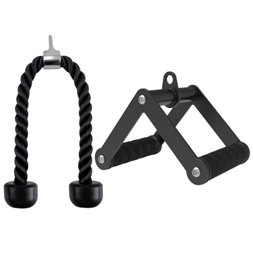 Fitarc Double D Row Handle Cable Attachments for Gym, Non-Slip V Bar Attachment for Home Gym Equipment, T Bar Row Attachment for Back Training, LAT Pulldown Attachments and Cable Machine Attachment - color: Black Tricep Rope & Double D Handle