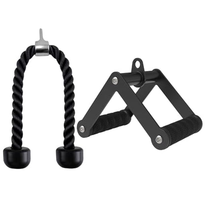 Fitarc Double D Row Handle Cable Attachments for Gym, Non-Slip V Bar Attachment for Home Gym Equipment, T Bar Row Attachment for Back Training, LAT Pulldown Attachments and Cable Machine Attachment - color: Black Tricep Rope & Double D Handle
