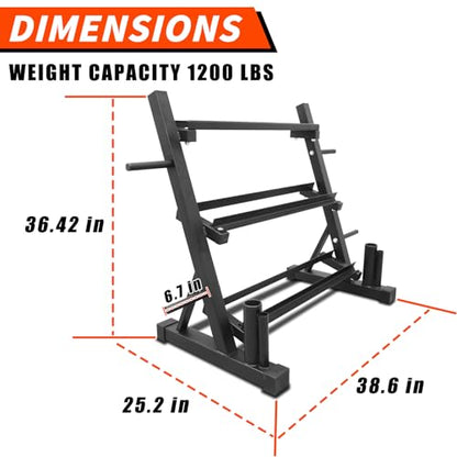 PENSUN Dumbbell Rack – 3 Tier Adjustable Weight Storage Stand with Side Barbell Plate Holder – Multi Purpose Home Gym Organizer for Dumbbells, Kettlebells, Barbell - color: Standard - 1200 LBS